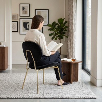 Zwarte designstoel met roestvrijstalen poten Moderne eetkamerstoelen