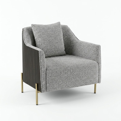 Grijze eenzits luxe fauteuil met roestvrijstalen poten voor de woonkamer, houten frame.