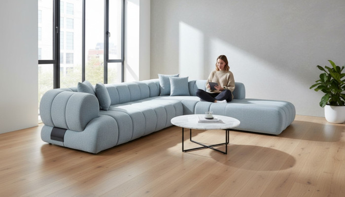 Grijze stoffen hoekbank L-vorm bank Designer gestoffeerd meubilair houten frame