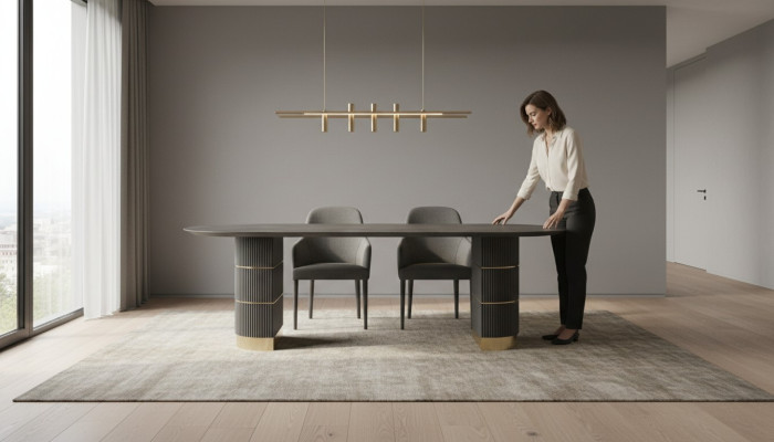 Grijze design eettafel eetkamer meubels met metalen poten houten frame tafel