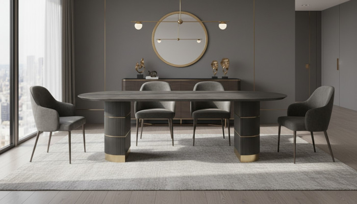 Grijze design eettafel eetkamer meubels met metalen poten houten frame tafel
