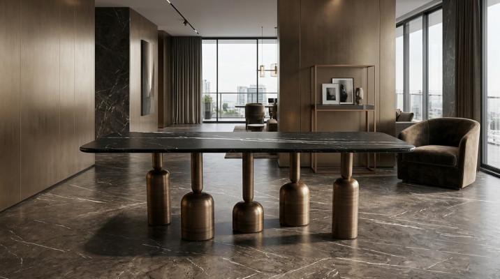 Ontwerper Grijze marmeren eettafel Metalen poten Luxe eetkamermeubels Nieuw