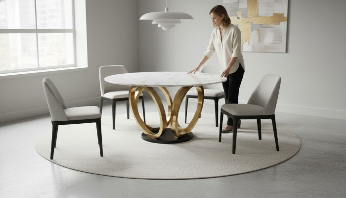 Stijlvolle witte ronde eettafel met roestvrijstalen voet marmeren bladontwerp