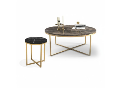 Luxe ronde salontafel met bijzettafel ontwerper roestvrijstalen tafelset