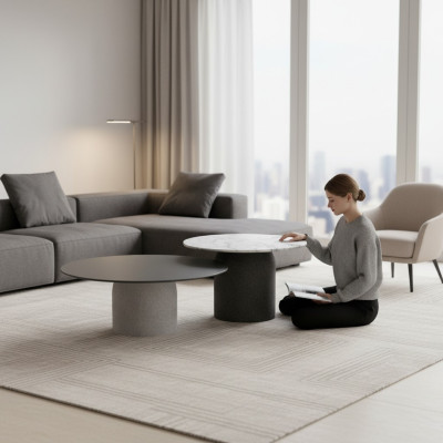 Designer Grijs Salontafel Set Luxe 2x Tafels Ronde Bijzettafels Nieuw