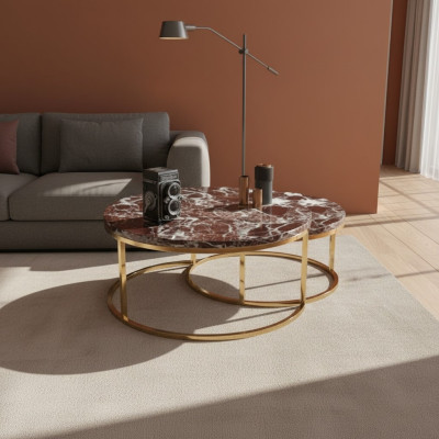 Luxe marmeren salontafel + bijzettafel set Ronde woonkamertafels 2-delig