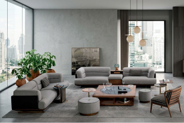 Luxe woonkamerset Grijs bankstel met fauteuil 2x poef Modern design