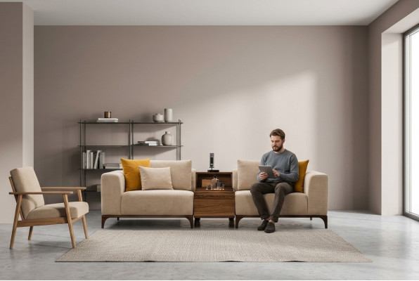 Luxe woonkamerbank in modern design met hout en textiel, tweezits.