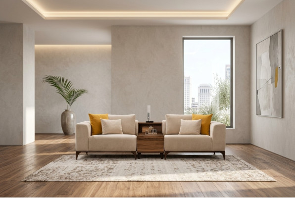 Luxe woonkamerbank in modern design met hout en textiel, tweezits.