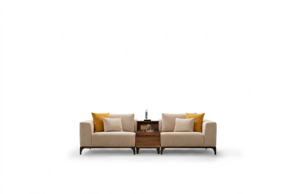 Luxe woonkamerbank in modern design met hout en textiel, tweezits.