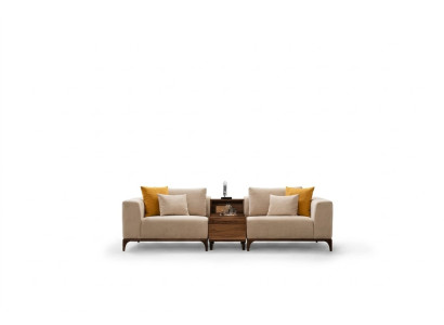 Luxe woonkamerbank in modern design met hout en textiel, tweezits.