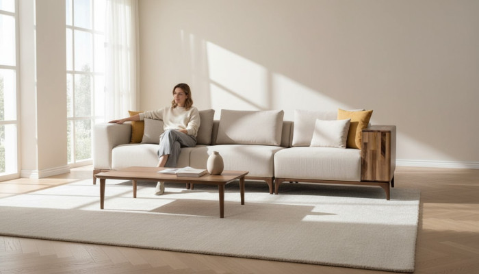 Luxe woonkamerbank met modern design van hout en textiel, driezits