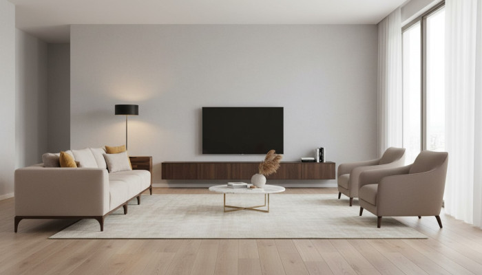 Luxe woonkamerbank met modern design van hout en textiel, driezits