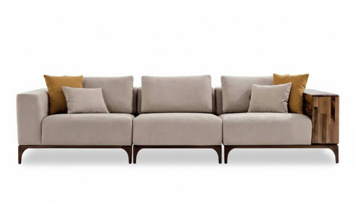 Luxe woonkamerbank met modern design van hout en textiel, driezits