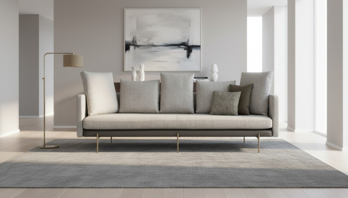 Moderne 4-zitsbank in grijze kleur, woonkamer gestoffeerd in textiel, driezitsbank