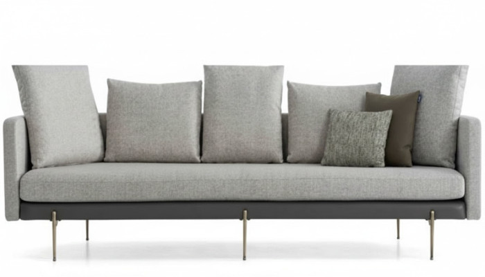 Moderne 4-zitsbank in grijze kleur, woonkamer gestoffeerd in textiel, driezitsbank