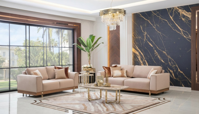 Luxe woonkamerset met 3+2 zitsbanksets, zitkussens en garnituren.