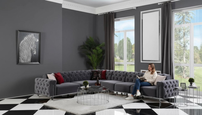 Moderne hoekbank L-vorm woonkamer, grijze kleur houten textiel bankstellen.