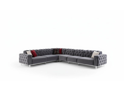 Moderne hoekbank L-vorm woonkamer, grijze kleur houten textiel bankstellen.