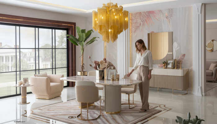 Luxe ontwerp eetkamerset eettafel 4 stoelen dressoir spiegel meubels