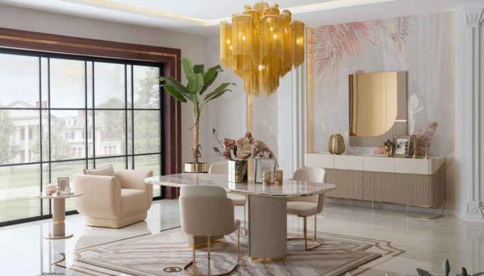 Luxe ontwerp eetkamerset eettafel 4 stoelen dressoir spiegel meubels