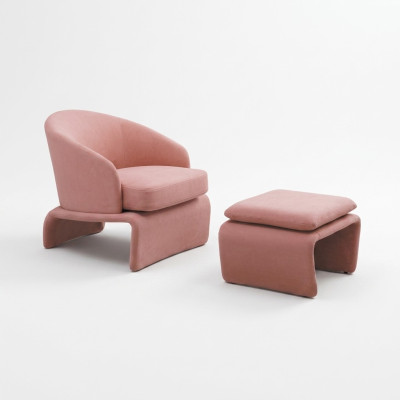 Set fauteuil en poef Club Lounge roze stof in moderne stijl woonkamer.