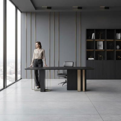 Zwarte eettafel Rechthoekig massief hout roestvrijstalen design tafel