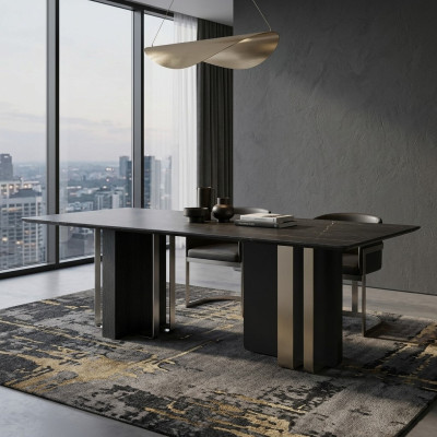 Zwarte eettafel Rechthoekig massief hout roestvrijstalen design tafel