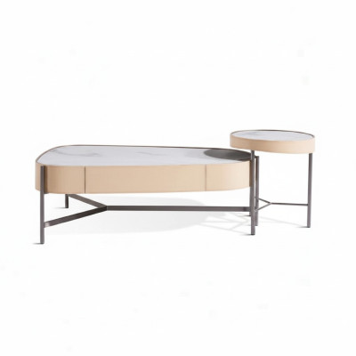 Woonkamerset 2x salontafel bijzettafel beige Modern Luxe Roestvrij staal