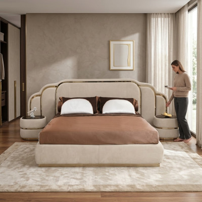 Beige slaapkamermeubels bed 2x nachtkastjes hout set luxe 3-delig