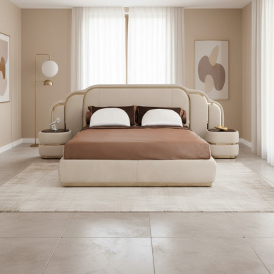Beige slaapkamermeubels bed 2x nachtkastjes hout set luxe 3-delig