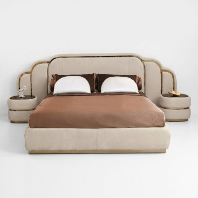 Beige slaapkamermeubels bed 2x nachtkastjes hout set luxe 3-delig