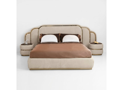 Beige slaapkamermeubels bed 2x nachtkastjes hout set luxe 3-delig