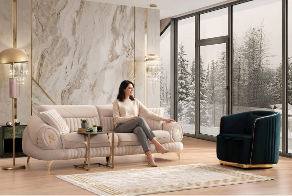 Bankstel met 3 zitplaatsen en fauteuil, wit elegant modern luxe design meubel.