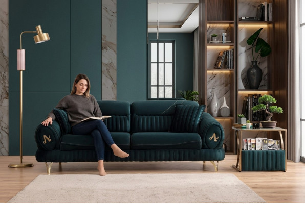 Groene driezits luxe bank Modern houten ontwerp Nieuwe woonkamermeubels.