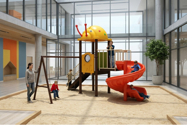 Speelplaats met glijbanen en schommels Entertainment voor kinderen