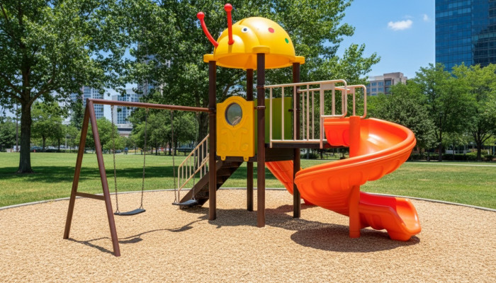 Speelplaats met glijbanen en schommels Entertainment voor kinderen