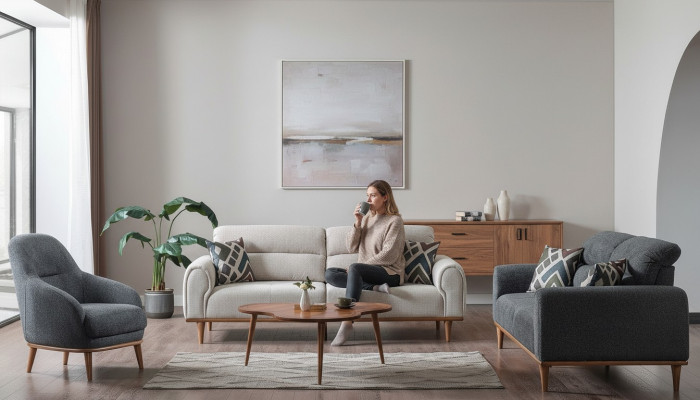 Bankstel 3+3+1 zits set woonkamer compleet textiel houten bank stoel Nieuw
