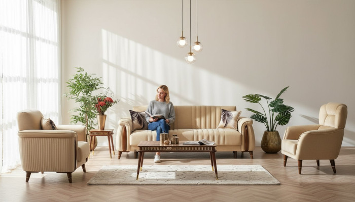 Sofaset 3+3+1 Zits Woonkamerset Compleet Textiel Bank Fauteuil Hout Beige