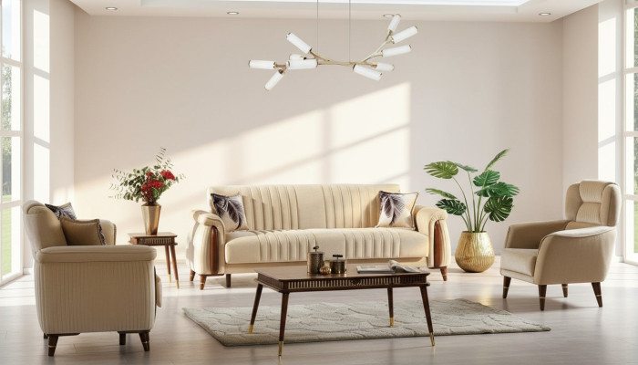 Sofaset 3+3+1 Zits Woonkamerset Compleet Textiel Bank Fauteuil Hout Beige