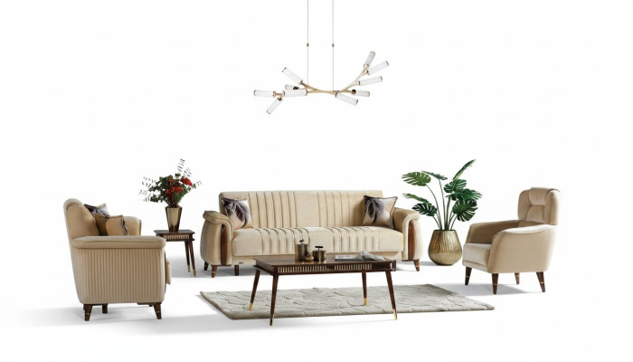 Sofaset 3+3+1 Zits Woonkamerset Compleet Textiel Bank Fauteuil Hout Beige