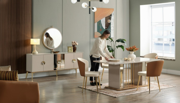 Luxe eetkamerset Eettafel + 6x stoelen + dressoir Eetgroepen Nieuw 8-delige set