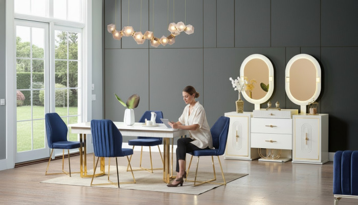 Luxe eetkamerset Eettafel + 6x stoelen + Dressoir Eetgroepen Nieuw 8-delig