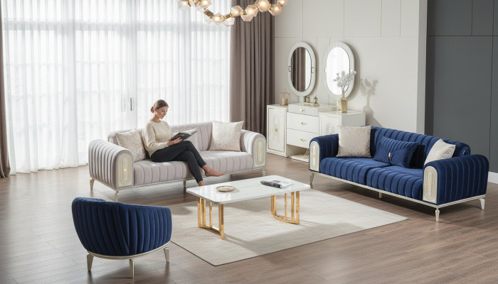 Bankstel 3+3+1 zits woonkamerset compleet textiel bank fauteuil hout Blauw