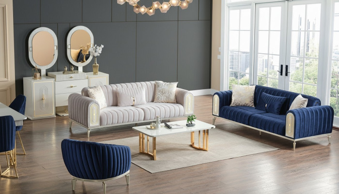 Bankstel 3+3+1 zits woonkamerset compleet textiel bank fauteuil hout Blauw