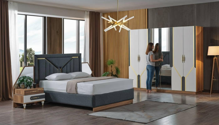 Slaapkamer Set Bed + 2x Nachtkastjes + Kledingkast Design Meubels 4 dlg. Nieuw