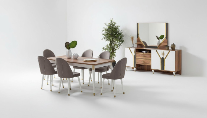 Luxe eetkamerset Eettafel + 6 stoelen + dressoir Nieuwe set van 8 delen