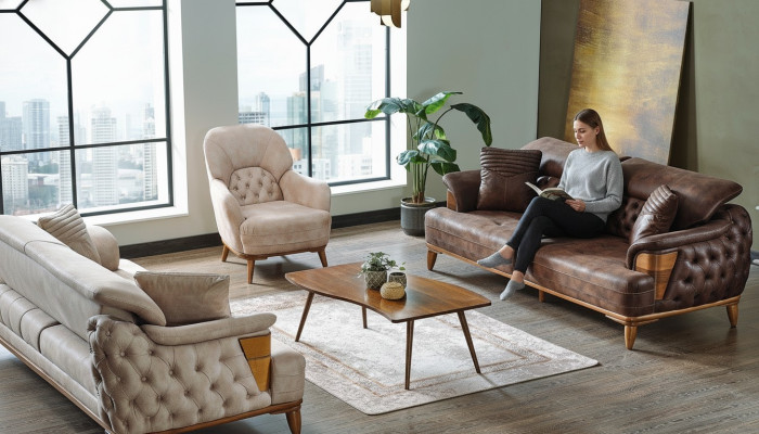 Bankstel 3+3+1 Hout Woonkamer Luxe Bank Chesterfield Stof Nieuw Compleet