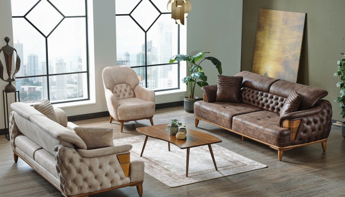 Bankstel 3+3+1 Hout Woonkamer Luxe Bank Chesterfield Stof Nieuw Compleet
