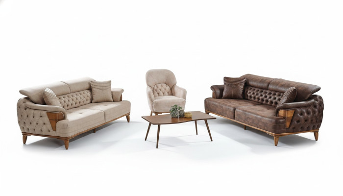 Bankstel 3+3+1 Hout Woonkamer Luxe Bank Chesterfield Stof Nieuw Compleet